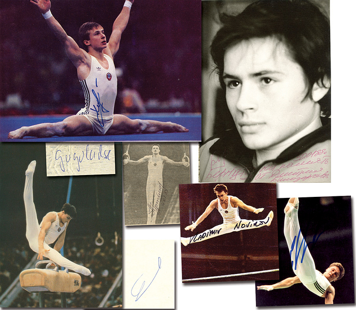 UdSSR Turnen OSS1988 Herren  | Goldmedaille im Turnen Mannschaft Mehrkampf Herren für die UdSSR bei den Olympischen Spielen 1988. 6 original Signaturen: Wladimir Artjomow (4x Gold, 1x Silber); Dmitri Bilosertschew (4x Gold, 1x Bronze; S/W-Foto direkt von Bilosertschew); Sergei Charkow (1988 2x Gold; 1996 Gold); Wladimer Gogoladse (Selten); Waleri Ljukin (2xGold, 2x Silber); Wladimir Nowikow. 1 S/W-Foto, 1 Blancobelege, zwei Farbreprofoto, 2 Magazinfotos; 20x15 bis 9x7 cm. KOMPLETTES TEAM.