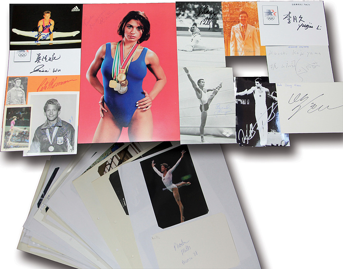 Turnen OSS 1976 - 1992 103x  | 103 verschiedene original Autogrpahen von Medaillengewinner im Turnen bei den Olympischen Spielen 1976 - 1992. Fotos, Autogrammkarten, Reprofotos, Blancobeleg, 30x20 bis 6x4 cm.