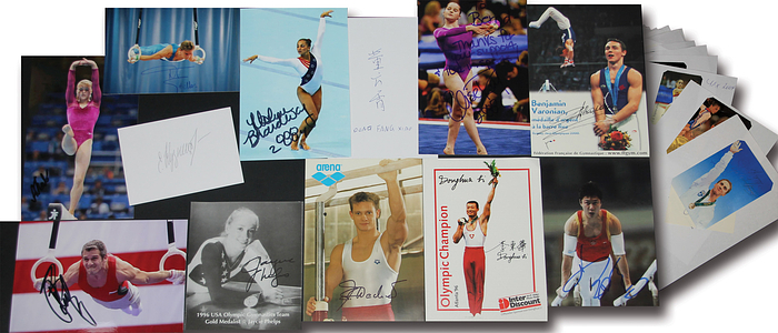 Turnen OSS 1996 - 2004 109x  | 109 original Signaturen von Medaillengewinner im Turnen bei den Olympischen Spielen 1996 - 2004. Fotos, Autogrammkarten, Reprofotos, Blancobelege. 16x10 cm bis 8x6 cm.