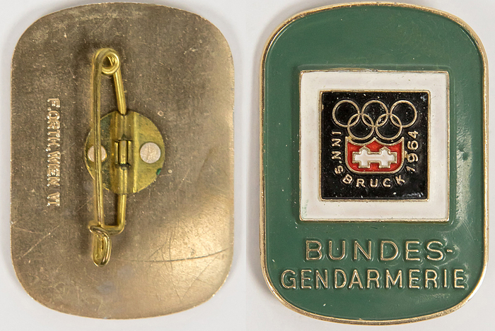  - Olympic Games 1964 Participation Badge Police Innsbruck 1964 Winter. „Bundes-Gendarmerie“ Badge for the Austrian police. Bronze, gold plated, m/c enamelled. Green background. 4.2x3 cm Condition: A