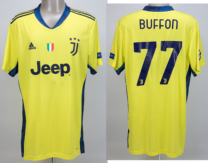  - Original match-worn / issued goalkeeper shirt of Juventus Turin with the number 77. Worn by Gianluigi Buffon on December 8, 2020, in the UEFA Champions League match against FC Barcelona. Barcelona - Juventus 0:3. His last Champions League game of his career. Buffon is the 2006 FIFA World Cup winner. Status: AAC --Goalkeeper jersey, short sleeve; size XL; rubberized club logo, 3 Champions stars, and adidas logo; rubberized Italian flag and 'Jeep' advertising print; rubberized back number and player name; with CL Starball patch and UEFA Respect patch; adidas Condition: A