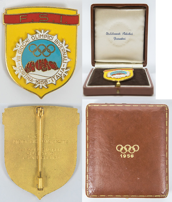 Teilnehmerabzeichen 1956  | Olympische Winterspiele Cortina d´Ampezzo 1956. Offizielles Teilnehmerabzeichen mit der Aufschrift "F.S.I." (Internationaler Verband). Bronze, vergoldet, farbig emailliert, 5x4. In original Lederbox mit den Olympischen Ringen und der Jahreszahl "1956" (9x8x2,2 cm).
