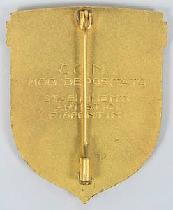 Olympic Winter Games 1956. Participation badge - 1956 Winter Olympics Cortina d'Ampezzo. Official participant badge with the inscription "FSI" (International Federation). Bronze, gold-plated, color enameled, 5 x 4 cm. In original leather box with the Olympic rings and the year "1956" (9 x 8 x 2.2 cm). --(Ebel 1956-W-004). Only 21 badges were issued! Condition: A - Bild 3