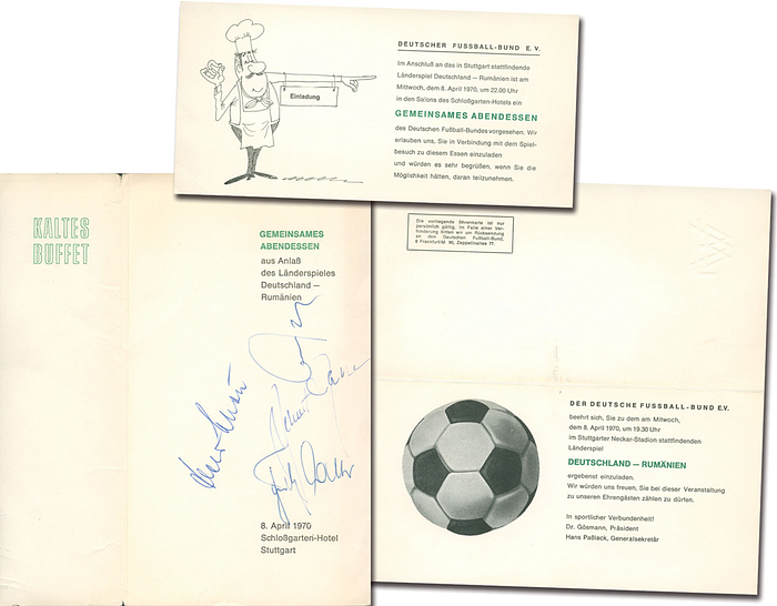DFB-Speisekarte 1970  | Original Speisekarte des DFB anläßlich des Fußball - Länderspieles Deutschöand Rumänien am 8.4.1970 in Stuttgart. Mit original Signaturen von Helmut Schön, Fritz Walter und Wolfgang Overath.  Dabei zwei Einladungen zum Abendessen und zum Länderspiel. Karton 21x21 bis 21x10 cm.