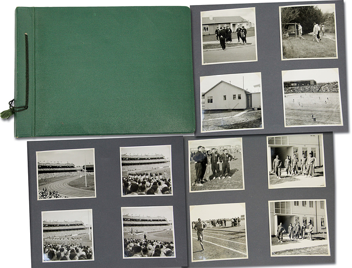 1)Fotoalbum Olympia 1956  | Privates Fotoalbum des deutschen Fußball A-Nationalspieler Rudi Hoffmann (1935-2020; 1 A-Länderspiel) und Teilnehmer am Olympischen Fußballturnier für Deutschland bei den Olympischen Spielen Melbourne 1956. Von der Reise der deutschen Fußball Olympiamannschaft zu den Olympischen Spielen 1956. Tolles Dokument eines Wettkämpfer ser Oympiade mit Fotos von der Reise, Eröffnungsfeier, Wettkämpfen, Olymisches Dorf, Freizeitaktivitäten in Australien ect. 106 Privatfotos (15x10 bis 9x9 cm) von den Olympischen Spielen 1956.
