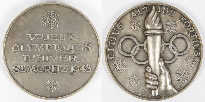 Siegermedaille 1948  | Siegermedaille für den 2.Platz bei den Olympischen Winterspielen St.Moritz 1948 „Vmes Jeux Olympiques d'hiver St.Moritz 1948" Silber (gepunzt, 925er Silber, Gewicht: 102 Gramm). Hersteller: Huguenin, 6 cm.