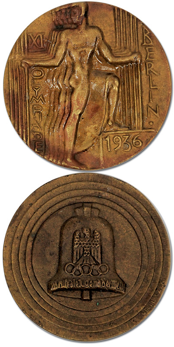 Olympic games Berlin 1936. Participation medal - Official particpation badge Olympic Games 1936 in Berling which belonged to Otto Placek. Cast in bronze with light brown Patina. Stamped on the rim "Guss. H.Noack Berlin", Diameter 7 cm, Condition: A-