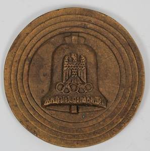 Olympic games Berlin 1936. Participation medal - Official particpation badge Olympic Games 1936 in Berling which belonged to Otto Placek. Cast in bronze with light brown Patina. Stamped on the rim "Guss. H.Noack Berlin", Diameter 7 cm, Condition: A- - Bild 3