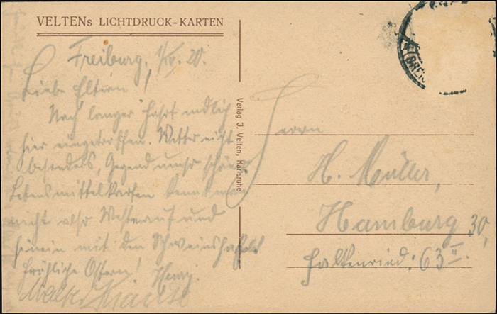 Krause, Walter  | (1896-1948) Postkarte mit original Signatur von Walter Krause (GER; 6 DFB A-Länderspiele 1920-1942; Viktoria Hamburg, Holstein Kiel) mit Bleistift auf der Rückseite einer Karte die vom deutchen Nationalspieler Henry Müller (1896-1982; 9 DFB Fußball A-Länderspiele, Viktoria Hamburg) am 1.4.1920 an seine Eltern geschrieben wurde. Müller hat mit "Henry" unterschrieben. 14,5x9 cm.