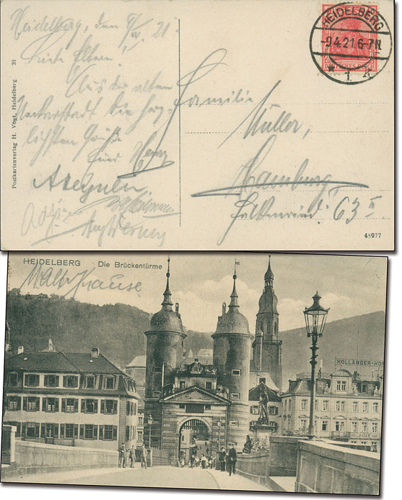 Jäger, Adolf  | (1889-1944) Postkarte mit Originalsignatur von Adolf Jäger (18 DFB Fußball A-Länderspiele, Altona 93) mit Bleistift auf einer vom deutschen Nationalspieler Henry Müller (1896.1982; 9 DFB A-Länderspiele) geschriebenen Postkarte vom Auswahlspiel Süddeutschland v Norddeutschland 9.10.1921. Weitere Signaturen von August Werner (1896.1968; 12 DFB A-Lnderspiele) und von Alfred Heynen vom TV Eimsbüttel und späterer DFB-Funktionär. Auf der Vordereite Karte hat der Walter Krause (1896-1948; 6 DFB A-Länderspiele) unterschrieben  13,5x9 cm.