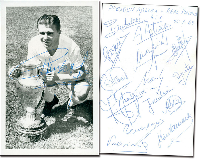  - (1927-2006). Autographed card (black and white photo) with original signature of Ferenc Puskás. On the reverse, 14 original autographs from former Real Madrid players from the friendly match between Preußen Münster Old Boys and Real Madrid on August 15, 1969. 14 x 9 cm --Autographed card of Puska's, an absolute rarity!!!! Condition: A-