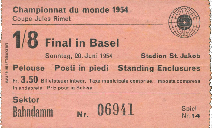 Eintrittskarte WM1954  | „1/8 Final“-Spiel in Basel am 20. Juni 1954,  (Vorrunde Deutschland - Ungarn 3:8).  9,5x6cm.