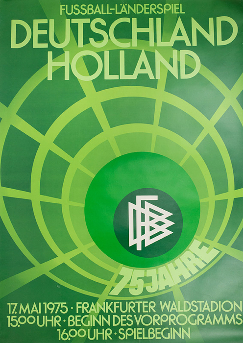 Plakat-Länderspiel 1977  | Offizielles vierfarbiges Länderspielplakat des DFB zum "75 Jahre DFB Fußball-Länderspiel Deutschland - Holland. Frankfurt, 17.5.1975". 94x67,5 cm.
