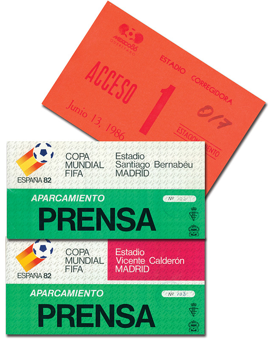  - Three official parking permits for the 1982 FIFA World Cup in Spain. One is for the Germany vs. Denmark match on July 13, 1986, and two are valid for the entire World Cup, valid for the Estadio Vicente Calderón and the Bernabéu in Madrid. Each permit measures 24 x 12 cm. Condition: A-