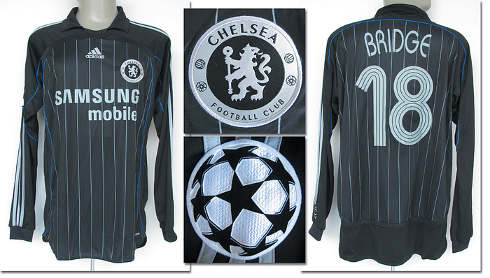 - Original match-issued Chelsea FC player shirt with the number 18. Prepared for Wayne Bridge in the Champions League match against Werder Bremen on November 22, 2006. Werder Bremen - Chelsea FC 1-0. Shirt directly from a former Werder Bremen kit manager. Status: AAB --Long-sleeved away jersey; size L; embroidered club and adidas logos; 'Samsung mobile' sponsor print, rubberized back number and player name; sewn-on CL patch; adidas formotion. Condition: A-