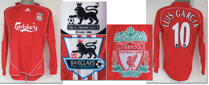  - Original match-worn Liverpool FC player jersey with the number 10. Worn by Luis Javier Garcia in a friendly match in 2006. Garcia is a 20-time Spanish international. Jersey directly from a former kit manager of Werder Bremen. Status: ABB --Long-sleeved jersey; size M; embroidered club emblem and adidas logo; rubberized 'Carlsberg' advertising inscription; flocked back number and player name; with 2 Barclay Premiership patches; adidas formotion. Condition: A-