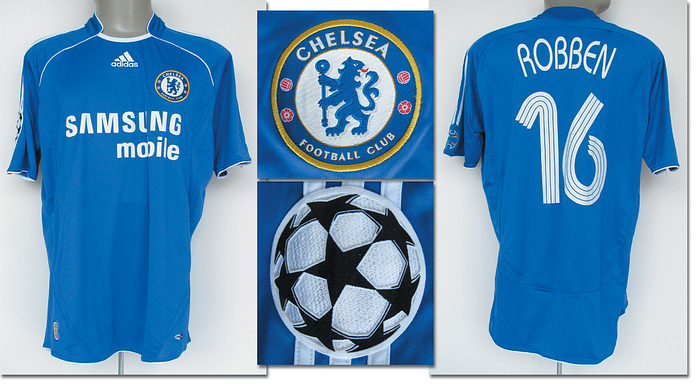  - Original match-issued Chelsea FC player shirt with the number 16. Prepared for Arjen Robben in the Champions League match against Werder Bremen on September 12, 2006. Chelsea FC - Werder Bremen 2:0. Shirt directly from a former Werder Bremen kit manager. Status: AAB --Short-sleeved jersey; size M; embroidered club and adidas logos; 'Samsung mobile' sponsor print, rubberized back number and player name; sewn-on CL patch; adidas climacool. Condition: A-