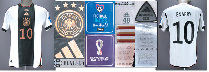  - Original match-worn / issued shirt Germany with the number 10. Worn by Serge Gnabry on December 1, 2022, in a FIFA World Cup group match against Costa Rica. Costa Rica - Germany 2:4. Status: AAB --Short-sleeved jersey; size 48; rubberized federation logo, 4 World Cup stars, and adidas logo; rubberized match details, player name, and number (front and back); rubberized 'Deutschland' lettering on the back of the collar; with FIFA World Cup Qatar 2022 patch and FIFA Football Unites the World patch; adidas Heat.Rdy. Jersey comes from the collection of a former DFB employee. Condition: A