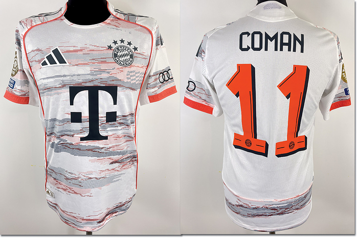  - Original match-issued FC Bayern Munich player shirt with number 11, Kingsley Coman. Designed for a match at the 2025 FIFA Club World Cup in the USA. Coman has currently earned 59 caps for the French national team and has won the UEFA Champions League once. Status:ABB. Short-sleeved shirt; size 5; club emblem, manufacturer logo Adidas applied; sponsor 'T...', club name, player number, and player name gummed on; back number 25 cm high; Club World Cup patch, Football Unites The World patch, and Audi sleeve patch gummed on; 100% polyester; Made in Thailand;  --Jersey comes from a Bayern Munich employee Condition: A