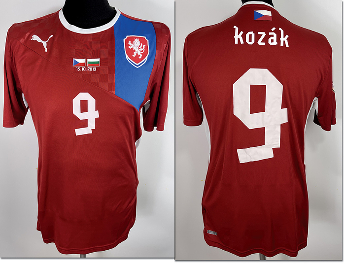  - Original match-worn Czech Republic player shirt number 9, worn by Libor Kozak. Worn in the 2014 World Cup qualifying match against Bulgaria on October 15, 2013 in Sofia. The Czech Republic won 1-0. Status:AAB --Short-sleeved shirt; size L; sewn-on federation logo; embroidered Puma manufacturer logo, rubberized player number and name; rubberized match detail; flocked 2014 World Cup Qualifier patch; 100% polyester; Made in Turkey; Condition A; Status AAB Condition: A