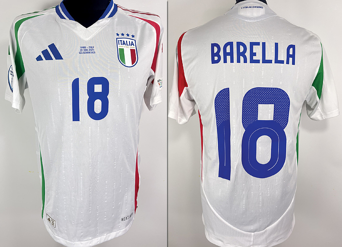 Italien - Trikot 2024 EM  | Original match issued Italien Spielertrikot mit der Nummer 18 von Nicolò Barella. Vorbereitet für das Gruppenspiel der Europameisterschaft am 20.06.2024 in Gelsenkirchen. Status AAB.