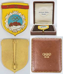 Olympic Winter Games 1956. Participation badge - 1956 Winter Olympics Cortina d'Ampezzo. Official participant badge with the inscription "FSI" (International Federation). Bronze, gold-plated, color enameled, 5 x 4 cm. In original leather box with the Olympic rings and the year "1956" (9 x 8 x 2.2 cm). --(Ebel 1956-W-004). Only 21 badges were issued! Condition: A - Bild 6
