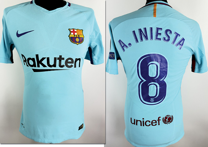  - Original match issue FC Barcelona player jersey with the number 8. Prepared for a Champions League match for Iniesta Yamal, 2017/2018 season. Status ABB short-sleeved jersey; size M, club emblem and manufacturer's logo applied; chest sponsor, player name and number rubberized; Champions League logo, Respect and Winner Trophy flocked; 100% polyester; Made in Bangladesh; Condition: A