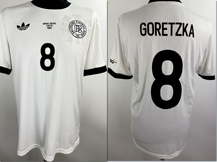 match worn football shirt Germany 2024/2025 NL - Original match-worn DFB (German Football Association) player shirt with the number 8. Worn by Leon Goretzka in the Nations League semi-final against Portugal on June 4, 2025, in Munich. Short-sleeved shirt; size L; DFB logo, Adidas logo embroidered, player number and name and match details rubberized, Nations League patch flocked; Foundation patch flocked; 100% polyester; Made in Vietnam; The jersey came from a DFB employee. Condition: A