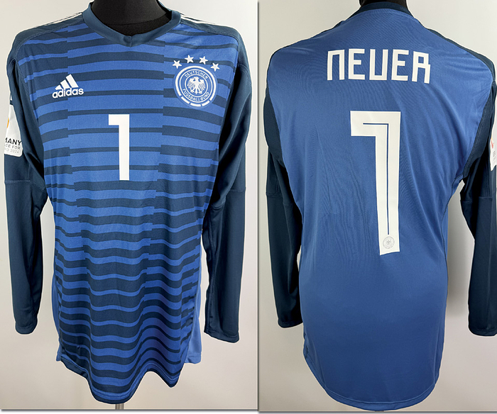  - Original match-issued DFB player jersey with the number 1 worn by Manuel Neuer, prepared for the international match Germany vs. Peru on September 9, 2018 in Sinsheim. Long-sleeved jersey; size 7; DFB logo, Adidas logo and stars applied, player number and name rubberized, Euro 2024 Candidate patch rubberized; 100% polyester; made in Vietnam; Status:AAB --The jersey came from a DFB employee. Condition: A
