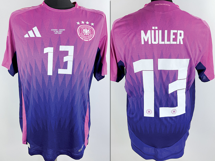  - Original match-issued DFB player shirt with the number 13, worn by Thomas Müller. Prepared for the match against Hungary on June 19, 2024, in Stuttgart. The jersey comes from the collection of a former DFB employee. Condition: AAB. Short-sleeved shirt; size L; DFB logo, rubberized Adidas logo, rubberized match details, player number and name; flocked European Championship patch and Foundation patch; Adidas HEAT.RDY; 100% polyester; made in Vietnam; Condition: A