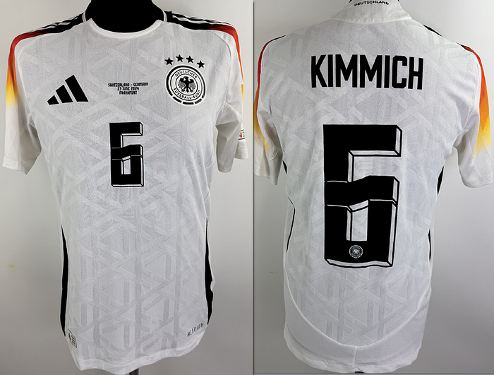  - Original match-issued DFB player shirt with the number 6, worn by Joshua Kimmich. Prepared for the match against Switzerland on June 23, 2024, in Frankfurt. The jersey comes from the collection of a former DFB employee. Condition: AAB. Short-sleeved shirt; size M; DFB logo, rubberized Adidas logo, rubberized match details, player number and name; flocked European Championship patch and Foundation patch; Adidas HEAT.RDY; 100% polyester; made in Vietnam; Condition: A