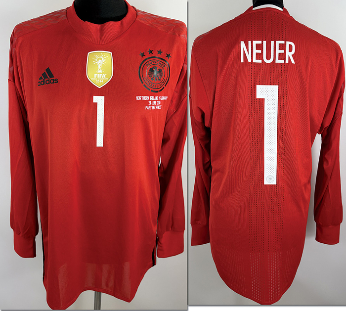  - Original match-issued DFB player jersey with the number 1, Manuel Neuer. Prepared for the European Championship match against Northern Ireland on June 21, 2016, in Paris. Jersey comes from the collection of a former German FA employee. StatusAAB member. Long-sleeved jersey; size 8; DFB logo, rubberized Adidas logo, match details, rubberized player number and name; flocked European Championship patch and Respect patch; Adidas Adizero; 100% polyester; Made in Vietnam; Condition: A