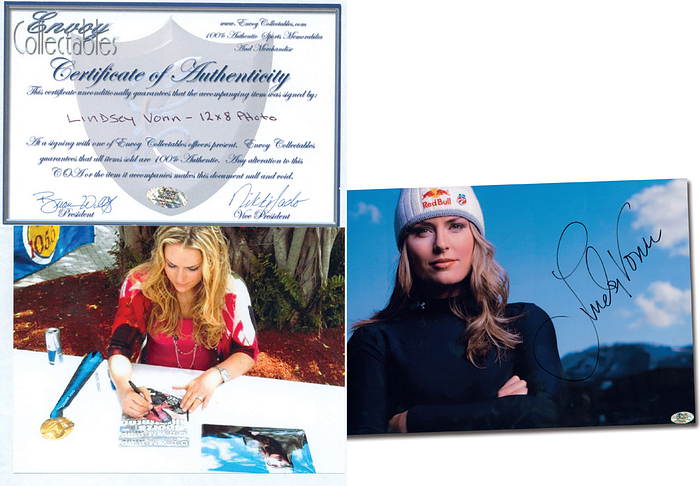 Vonn, Lindsey  | Originalsignatur auf großem Farbfoto von der mehrfachen Weltmeisterin und Olympiasiegerin im Ski-Alpin Lindsay Vonn (USA). 30x20 cm. Mit Echtheitszertifikat von "Envoy Collectables".
