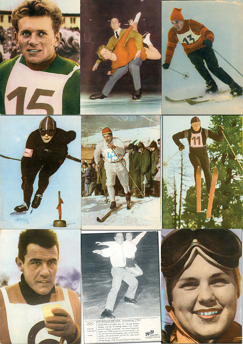 Sammelbilder-Haribo 60  | Olympia 1960 Squaw Valley. 8 verschiedene postkartengroße Sammelbilder (Köberich 30817-04). Zusätzlich dabei 4 Dubletten.