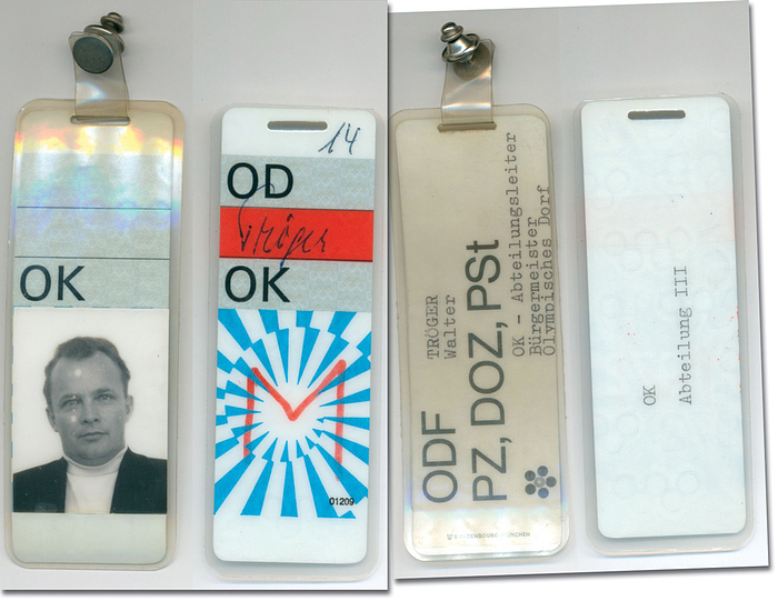  - Two official Identity Card that belonged to Walter Tröger (1929-2020; GER; mayor of the Olympic village 1972 and IOC member 1989-2009). The ID card was valid for the Olympic Games 1972. Plastic, 11 x 4 cm. An ID card with a photograph of Tröger and on the back with the inscription "Mayor of the Olympic Village". --Directly from the collection of Walter Tröger Condition: A-
