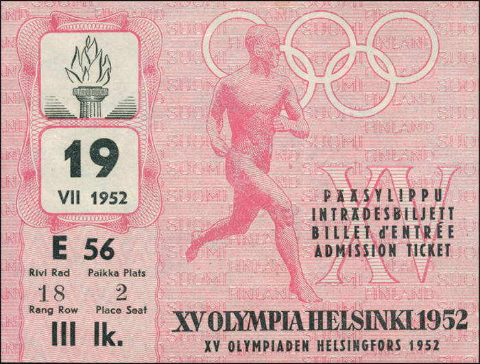  - Olympic Games 1952. Ticket Opening Ceremony Helsinki. 19th July. Size 11.5x9cm. Condition: A