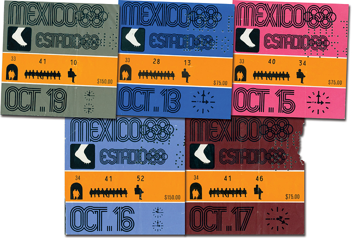 Eintrittskarte OSS1968  | 5 verschiedene Tickets von den Olympischen Spielen Mexico 1968 von den Leichtatheltik - Wettbewerben vom 15.10. - 19.10., je 12x11,5 cm.