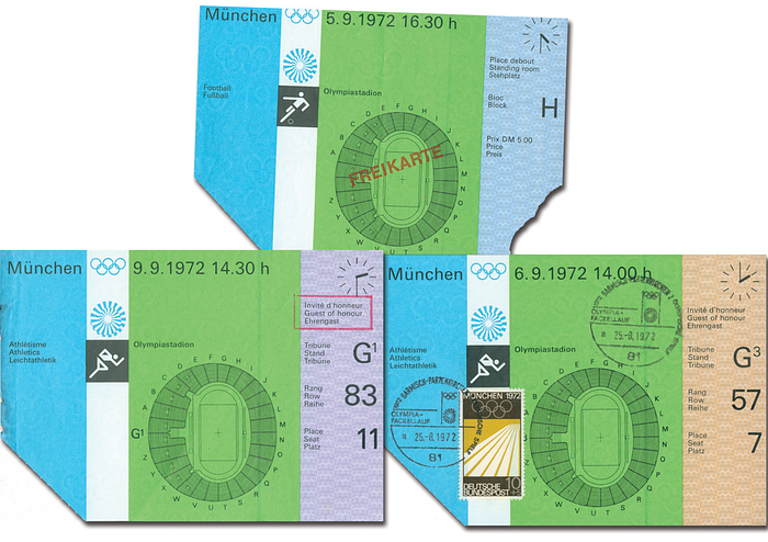 Eintrittskarte OSS1972  | 3 Sondereintrittskarten für die Olympischen Spiele München 1972: 1) Leichtathletik 9.9. "Ehrengast". 2) Fußball 5.9. "Freikarte". 3) Leichtatheltik 6.9. mit Sondermarke und Sonderstempel "25.8.1972 Olympia - Fackellauf Garmisch-Partenkirchen". Je 14,5x10,5 cm.
