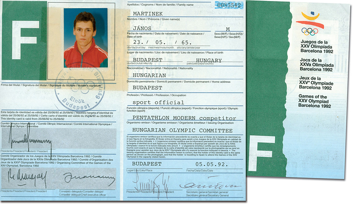  - "Identity Card. Games of the XXV Olympiad Barcelona 1992" Official Olympic ID card for the Hungarian athlete Janos Martinek with passport photo. 2x Gold medal at the 1992 Olympic Games and Bronze in 1996 in the Modern Pentathlon. Cardboard, 4 pages, 14x8 cm. Condition: B