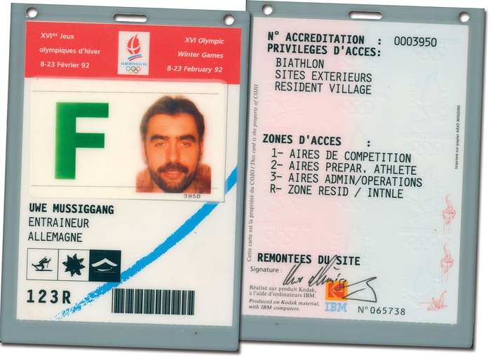  - Official Olympic ID card for the 1992 Albertville Winter Olympics, issued to Uwe Müssiggang (GER). Successful coach of the German national biathlon team from 1990 to 2014. Includes photograph and original signature. Plastic, 14 x 10 cm. Condition: A