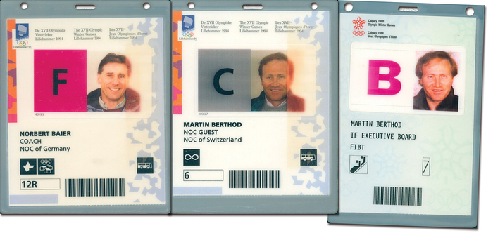  - Three original Olympic ID cards from the 1988 and 1994 Winter Olympic Games. Plastic, each 15 x 12 cm. Condition: A-