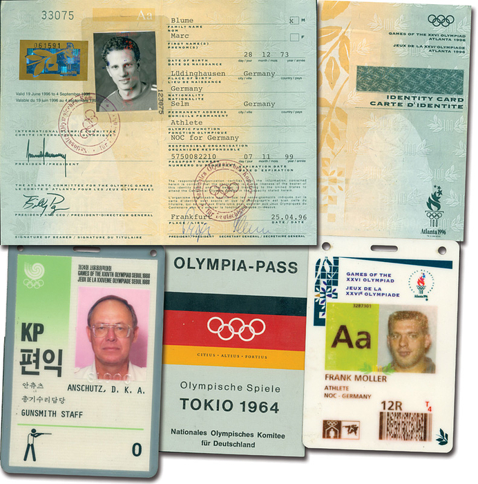 Ausweis OSS1964-1996  | 4 verschiedene Olympiaausweise der Olympischen Sommer Spiele 1964 (deutscher Athlet); 1988 (Betreuer), 1996 (2x Athlet). Kunstsoff und Karton, alle mit Lichtbild 12x10 cm.
