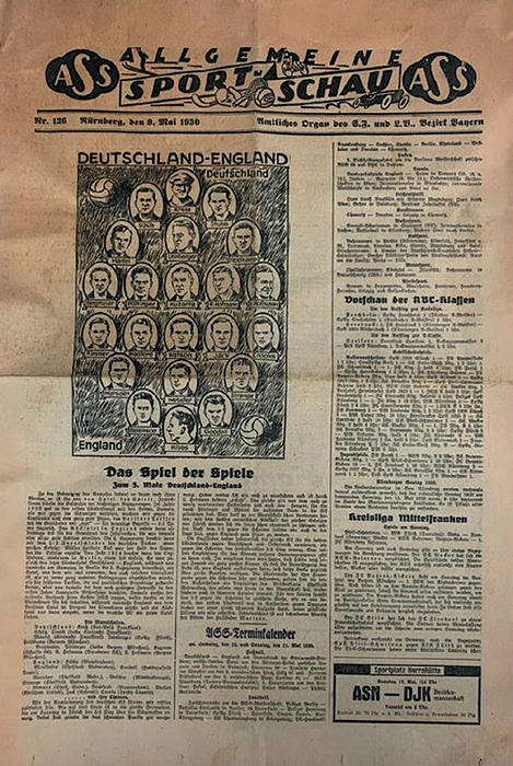 Programm LS1930  | Länderspiel Deutschland  - England (3:3) am 10.5.(1930). Berlin Deutsches Stadion. Programm in "ASS Allgemeine Sportschau" Nr. 126 v. 9.Mai 1930 mit den Aufstellungen (line-ups) Beider Mannschaften.