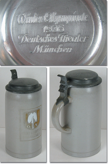 Olympic Winter Games 1936. German Beer Stein - Volume 1 litre with pewter lid engraved inside "Winter-Olympiade 1936. Deutsches Theater München", height 20.5cm. Presented to the athletes at the official reception from the OC in the German Theatre Munich. Condition: A-