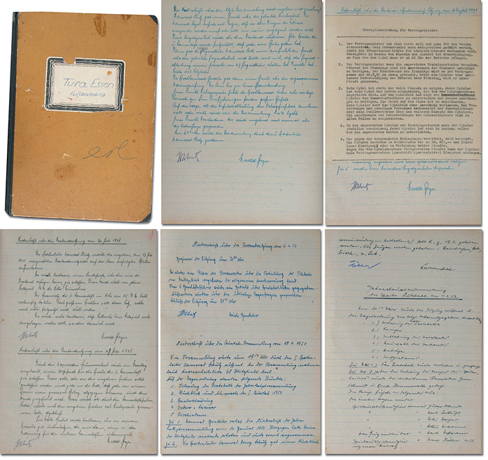Sorry, no english description is available. ... German Fotball Minutebook Tura Essen 1948-1952 - ca. 120 Seiten. Pappband 30,5x21,5 cm. Condition: C.....In disem Protokollbuch wurden die Ergebnisse der Vorstandssitzungen des Vereins handschriftlich niedergelegt. Es sind auch einige Schreibmaschinendokumente eingefügt (Niederschrift der Spielersitzung vom 8.7.1949 (Vertragsspieler f. 2.Liga); Disziplinarordung für Vertragsspieler 1949;  Das Protokollbuch dokumentiert die efolgreichste und gleichzeitg bewegteste Zeit der Fußballabteilung von TURA Essen. TURA verpasste den Aufsteig in die Oberliga West, gehörte zu den Gründungsmitgliedern der 2.Divison West. Bereits 1949 erfolgte aus wirtschaftlichen Gründen der Lizenzentzug für die 2.Liga. Einmaliges Dokument zur Essener Nachkriegsfußballgeschichte. --Einband berieben; Buchblock gelockert.