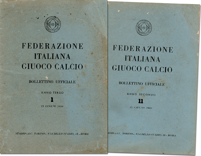 World Cup 1950 Italian Preview + Review - Official monthly report of the Italian FA ( Federazione Italiana Giuoco Calcio) with a preview of the Football World Cup 1950 (26 pages, 26 black-and-white photos of the Italian team) und a review of the World Cup 1950 (14 pages, 5 black-and-white photos). Rare. Covers shopsworn, minor bad spots. 36 + 16 pages, 15 black-and-white photos, 24x17 cm, brochure, Rome 1950. Condition: C