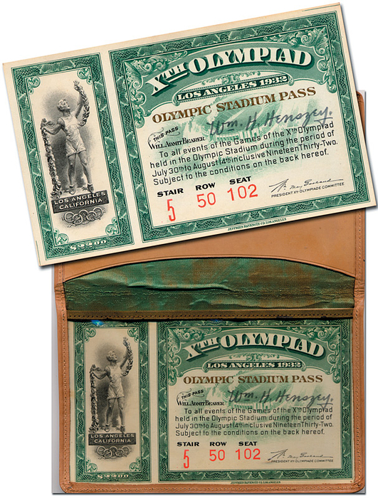 Eintrittskarte OSS1932  | Olympic Stadium Pass. "Xth Olympiad Los Angeles Olympic Stadium". 14x9 cm. In Originalledermappe!.