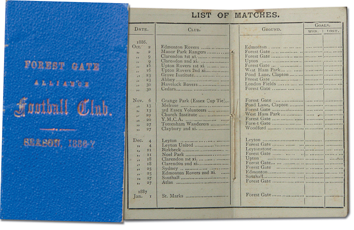 London Football 1886 - 1887 Programm Forest Gate - Forest Gate Alliance Football Club. Season 1886/87. Pocket programme for seaso 1886/1887 with schedule of all Forest Gate matches. English. In mint condition in regard of age. The first FA Cup was played during season 1871/1872 The league was founded in 1888. a unique piece from the early times of football. 8 pages, 5.3 x 9.7 cm, embossed carton, Wilson & Whitworth, Stratford, 1886. Condition: B-C