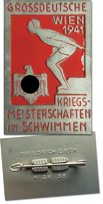 Schwimmen-Teilnehmerabzeichen 1941  | Teilnehmerabzeichen „Grossdeutsche Kriegs-Meisterschaften im Schwimmen. Wien 1941". Bronze, versilbert, rot emailliert. 4,3x3cm.