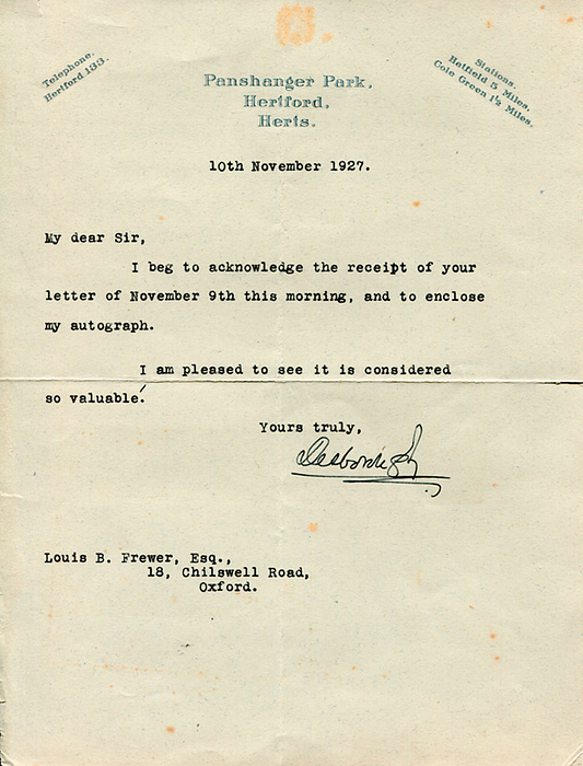 Olympic Games 1906 Autograph Fencing Great Britai -  Letter with original signature of William Henry Grenfell, 1st Baron Desborough (GBR). He won the silver medal for fencing in the event of team épée at the 1906 Olympic Games 1906 in Athens. It was the year when Desborough became a member of the IOC. 23 x 17.5 cm. Condition: B